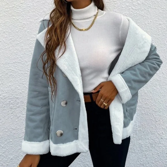 Cozy Charcoal Grey Luxe Teddy Vegan Suede Jacket Coat - Picture 5 of 8